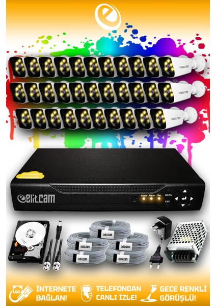 32 Kameralı Kare 32 Dış Kamera Set 500 GB HDD Full Hd Renkli Gece Görüşlü Güvenlik Kamerası Sistemi