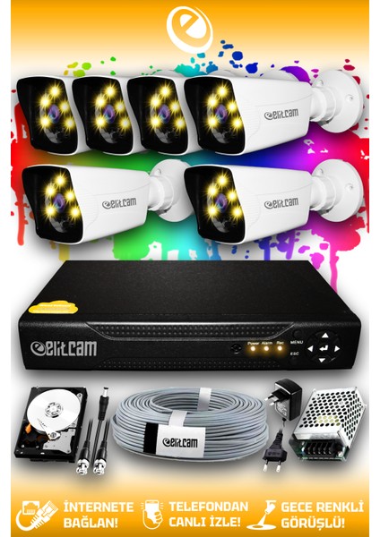 6 Kameralı Kare 6 Dış Kamera Set 320 GB HDD Full Hd Renkli Gece Görüşlü Güvenlik Kamerası Sistemi