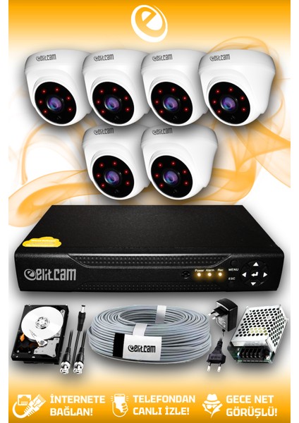6 Kameralı Dome 6 Iç Kamera Set 250 GB HDD Full Hd Gece Görüşlü Güvenlik Kamerası Sistemi