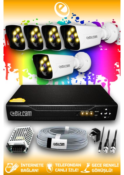 5 Kameralı Kare 5 Dış Kamera Set Hdd'siz Full Hd Renkli Gece Görüşlü Güvenlik Kamerası Sistemi