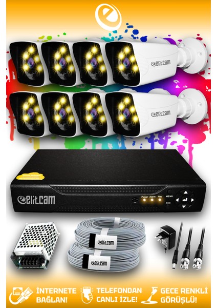 8 Kameralı Kare 8 Dış Kamera Set Hdd'siz Full Hd Renkli Gece Görüşlü Güvenlik Kamerası Sistemi