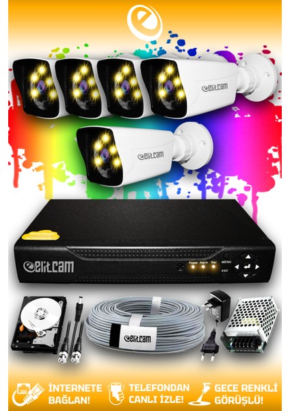 5 Kameralı Kare 5 Dış Kamera Set 500 GB HDD Full Hd Renkli Gece Görüşlü Güvenlik Kamerası Sistemi