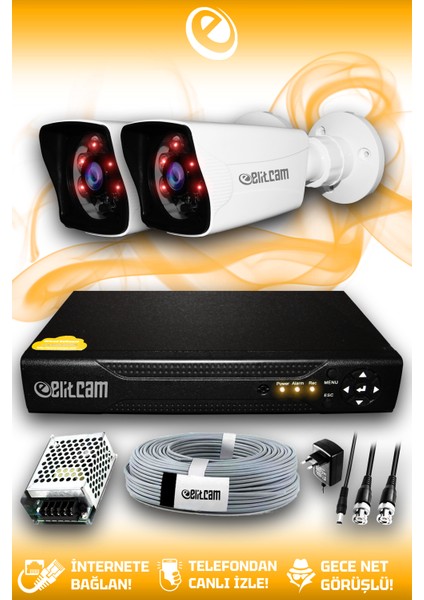 2 Kameralı Kare 2 Dış Kamera Set Hdd'siz Full Hd Gece Görüşlü Güvenlik Kamerası Sistemi