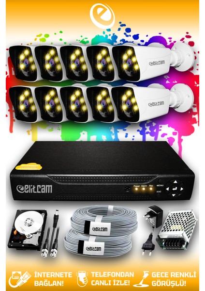 10 Kameralı Kare 10 Dış Kamera Set 250 GB HDD Full Hd Renkli Gece Görüşlü Güvenlik Kamerası Sistemi