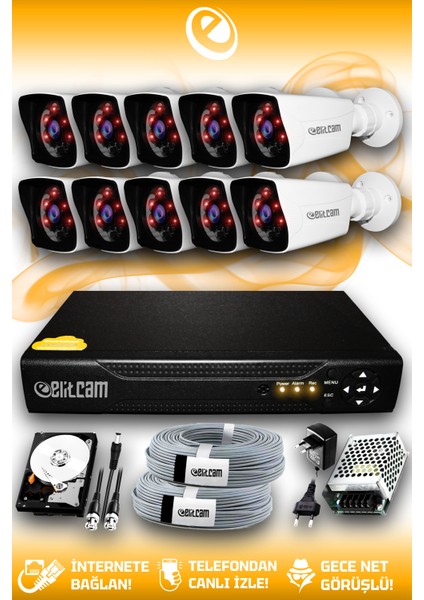 10 Kameralı Kare 10 Dış Kamera Set 320 GB HDD Full Hd Gece Görüşlü Güvenlik Kamerası Sistemi