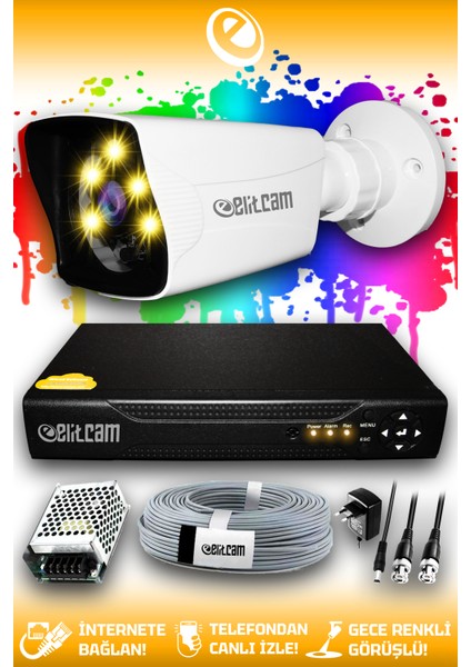 1 Kameralı Kare 1 Dış Kamera Set Hdd'siz Full Hd Renkli Gece Görüşlü Güvenlik Kamerası Sistemi