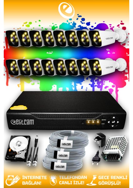 16 Kameralı Kare 16 Dış Kamera Set 320 GB HDD Full Hd Renkli Gece Görüşlü Güvenlik Kamerası Sistemi
