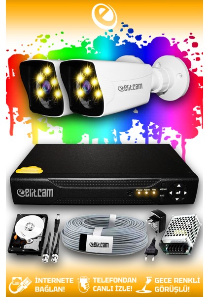 2 Kameralı Kare 2 Dış Kamera Set 100 GB HDD Full Hd Renkli Gece Görüşlü Güvenlik Kamerası Sistemi