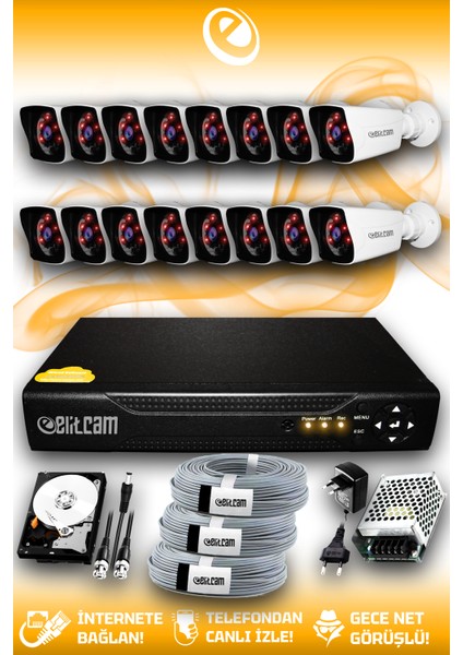 16 Kameralı Kare 16 Dış Kamera Set 250 GB HDD Full Hd Gece Görüşlü Güvenlik Kamerası Sistemi