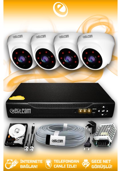 4 Kameralı Dome 4 Iç Kamera Set 500 GB HDD Full Hd Gece Görüşlü Güvenlik Kamerası Sistemi
