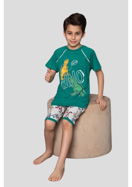 Erkek Çocuk T-Shirt-Şort Dinozor Baskılı Kısa Kollu Pijama Takımı