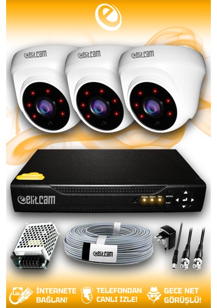 3 Kameralı Dome 3 Iç Kamera Set Hdd'siz Full Hd Gece Görüşlü Güvenlik Kamerası Sistemi