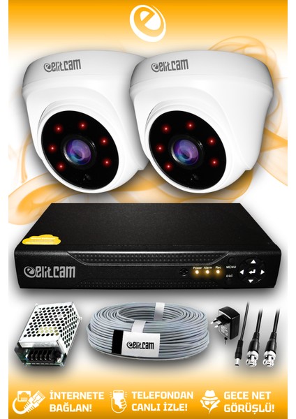 2 Kameralı Dome 2 Iç Kamera Set Hdd'siz Full Hd Gece Görüşlü Güvenlik Kamerası Sistemi