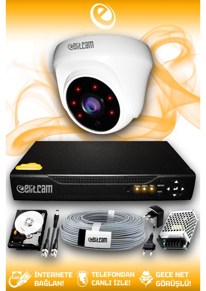 1 Kameralı Dome 1 Iç Kamera Set 100 GB HDD Full Hd Gece Görüşlü Güvenlik Kamerası Sistemi