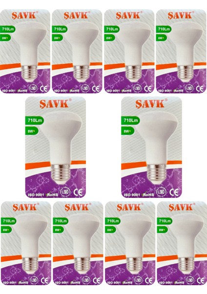 (10 adet) Şavk 8W (54W) Sarı Işık (3000K) E27 DUYLU (Kalın Duy) LED R63 Ampul
