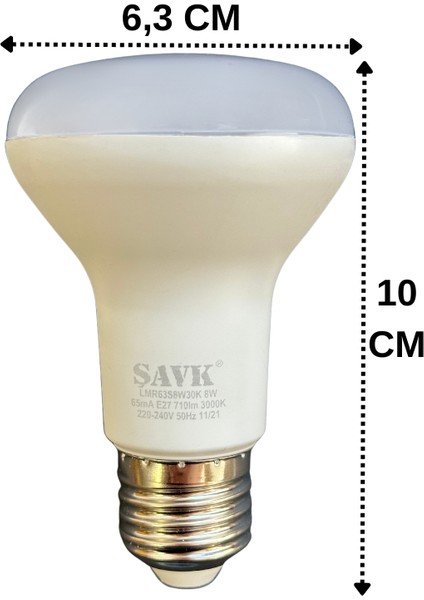 (10 adet) Şavk 8W (54W) Sarı Işık (3000K) E27 DUYLU (Kalın Duy) LED R63 Ampul