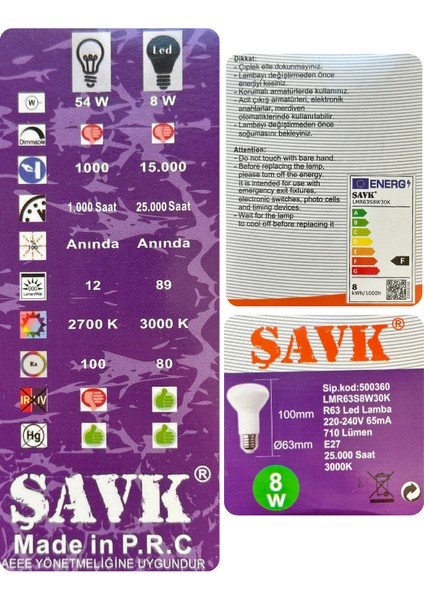(10 adet) Şavk 8W (54W) Sarı Işık (3000K) E27 DUYLU (Kalın Duy) LED R63 Ampul
