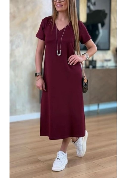 V Yaka Yırtmaçlı Basic Elbise