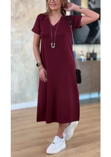 V Yaka Yırtmaçlı Basic Elbise