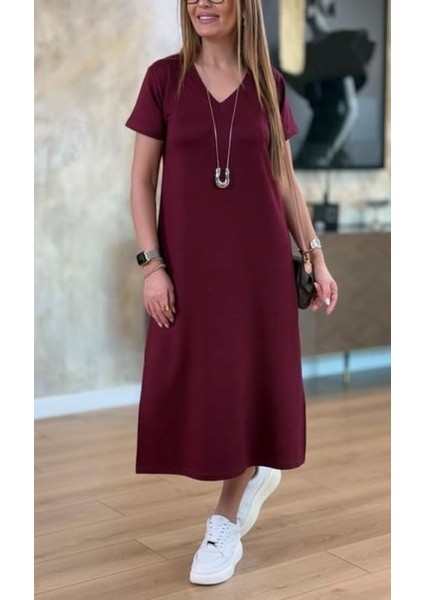 V Yaka Yırtmaçlı Basic Elbise