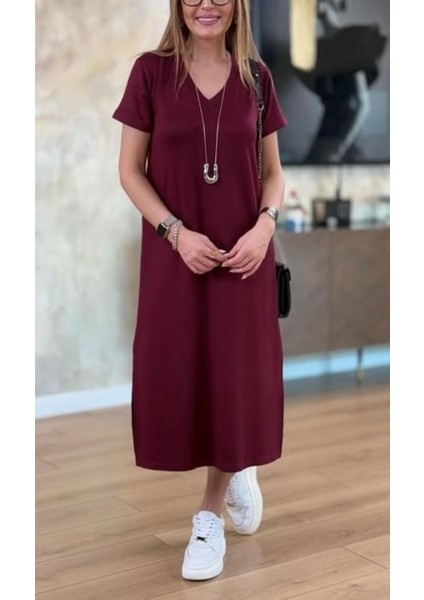 V Yaka Yırtmaçlı Basic Elbise