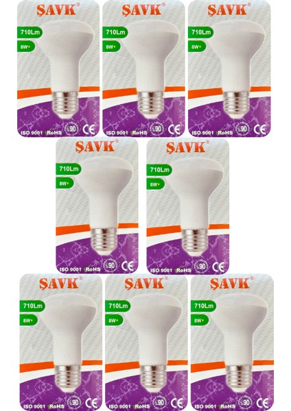 (8 adet) Şavk 8W (54W) Sarı Işık (3000K) E27 DUYLU (Kalın Duy) LED R63 Ampul