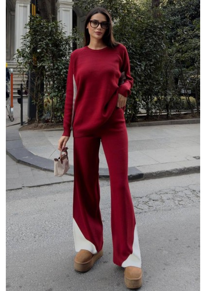 Kol ve Paçada Şerit Tasarım Oversize Beden Kazak Pantalon Ikili Triko Takım 034
