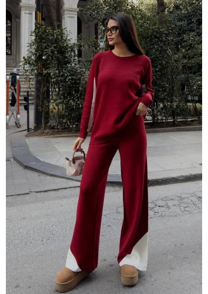 Kol ve Paçada Şerit Tasarım Oversize Beden Kazak Pantalon Ikili Triko Takım 034 fiyatları