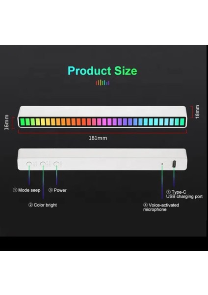 Rgb LED Çubuk Sese ve Müziğe Duyarlı Ambiyanslı Ekolayzer C Type Şarjlı Taşınabilir Stick Siyah Kasa