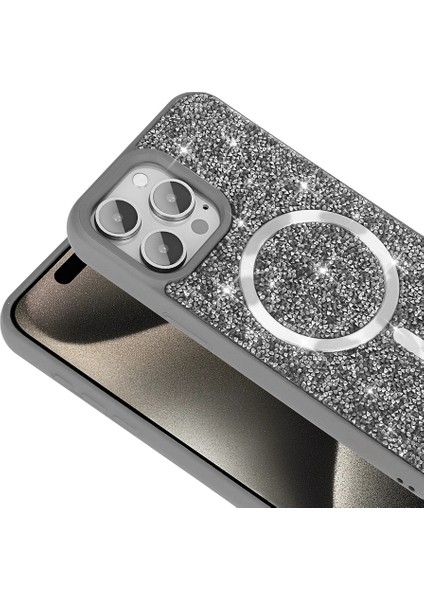 Apple iPhone 16 Pro Gümüş Swrvski Taşlı Magsafe Telefon Kılıfı