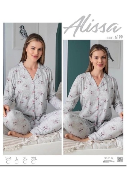 6199 Bayan Önü Düğmeli Desenli Pijama Takımı
