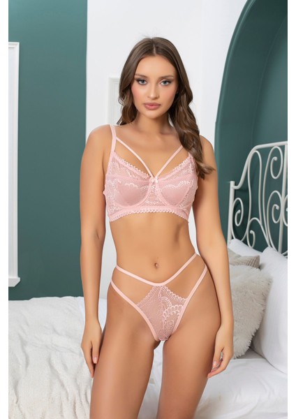 Dantelli Pembe Bralet Takımı Dantelli Sütyen Kadın Iç Giyim Bralet Tanga Set