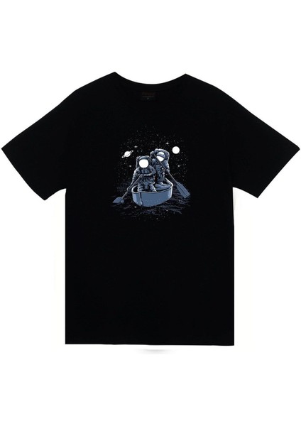 Unisex Siyah Gemi Galaksi Astronot T-Shirt
