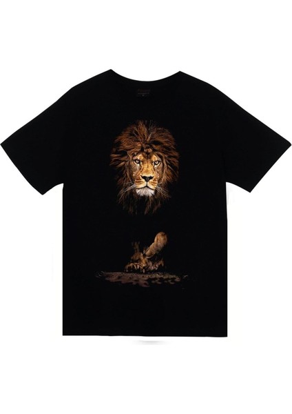 Unisex Siyah Aslan Baskılı T-Shirt