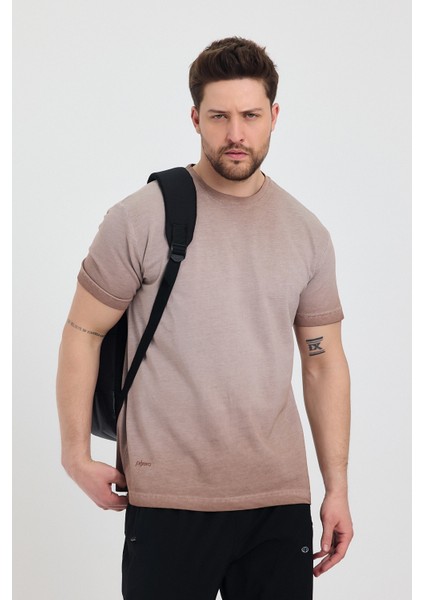 Erkek Kahverengi Bisiklet Yaka Yıkamalı Basic T-Shirt - 165