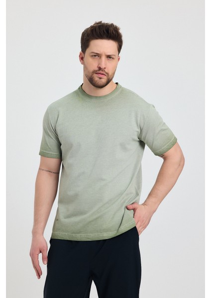 Erkek Yeşil Bisiklet Yaka Yıkamalı Basic T-Shirt - 165