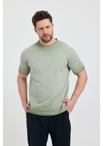 Erkek Yeşil Bisiklet Yaka Yıkamalı Basic T-Shirt - 165 fiyatları