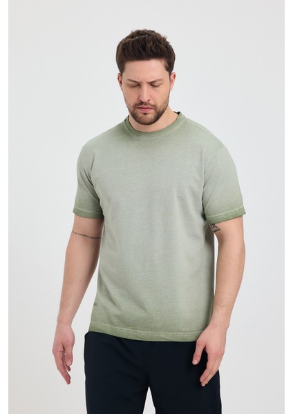 Erkek Yeşil Bisiklet Yaka Yıkamalı Basic T-Shirt - 165 modelleri
