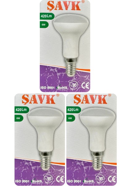(3 adet) Şavk 6W (37W) Beyaz Işık (6500K) E14 DUYLU (Ince Duy) LED R50 AMPUL