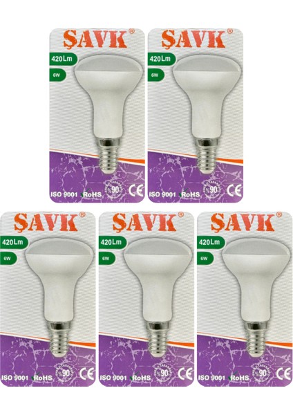 (5 adet) Şavk 6W (37W) Beyaz Işık (6500K) E14 DUYLU (Ince Duy) LED R50 AMPUL