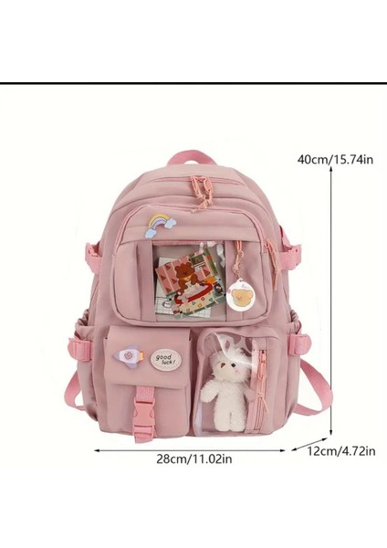 Büyük Boy Okul Çantası Rozetli Peluşlu Çok Cepli