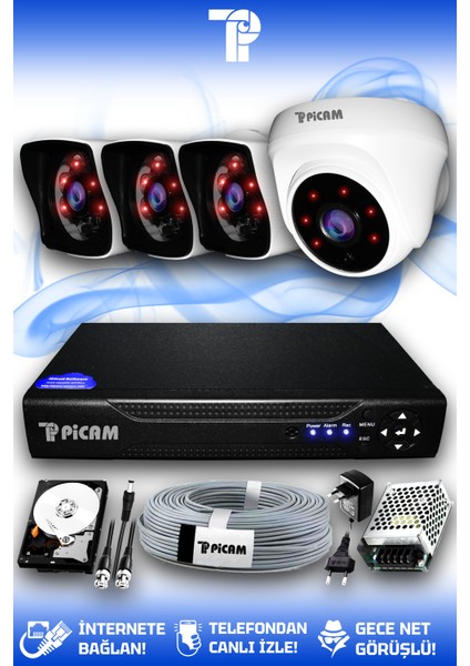 4 Kameralı Kare 1 İç Kamera Set 250 GB HDD Full HD Gece Görüşlü Güvenlik Kamerası Sistemi
