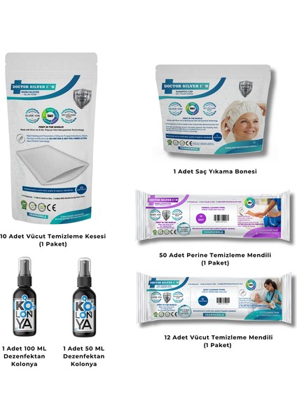 Gümüş İyonlu Yatan ve Evde Hasta Bakım Seti 50'li Perine Vücut Temizleme Mendili, Vücut Temizleme Kesesi, Bone