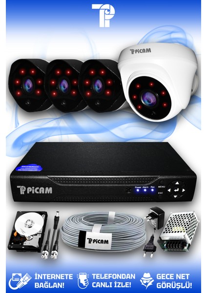4 Kameralı Uzay 1 İç Kamera Set 500 GB HDD Full HD Gece Görüşlü Güvenlik Kamerası Sistemi