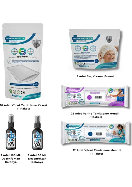 Gümüş İyonlu Yatan ve Evde Hasta Bakım Seti 25'li Perine, Vücut Temizleme Mendili, Vücut Temizleme Kesesi, Bone