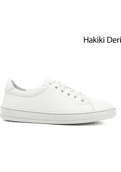 Kadın Beyaz Lastik Bağcıklı Hakiki Deri Sneaker