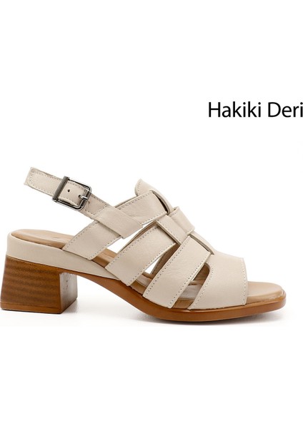 Kadın Bej Örgü Bantlı Kalın Topuklu Hakiki Deri Sandalet
