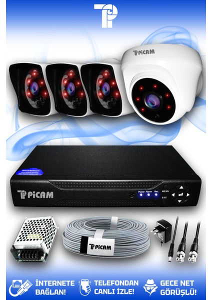 4 Kameralı Kare 1 İç Kamera Set HDD'siz Full HD Gece Görüşlü Güvenlik Kamerası Sistemi