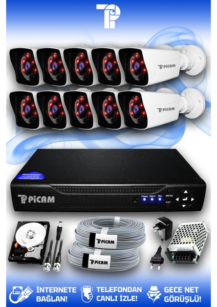 10 Kameralı Kare 10 Dış Kamera Set 320 GB HDD Full HD Gece Görüşlü Güvenlik Kamerası Sistemi