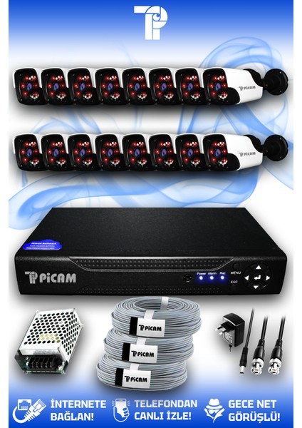 16 Kameralı Panda 16 Dış Kamera Set HDD'siz Full HD Gece Görüşlü Güvenlik Kamerası Sistemi